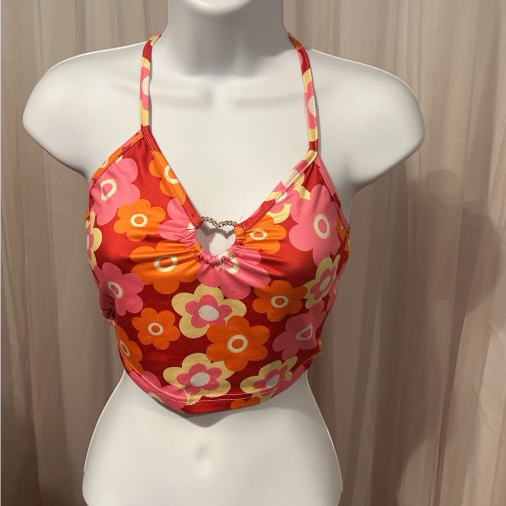 Floral Print Heart-ring Halter Top- Shein